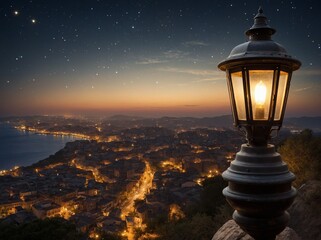 Serene evening scene unfolds, with cityscape nestled between hills, calm sea. Street lamp, lit, casting warm glow, stands in foreground. City lights, twinkling like stars. - obrazy, fototapety, plakaty