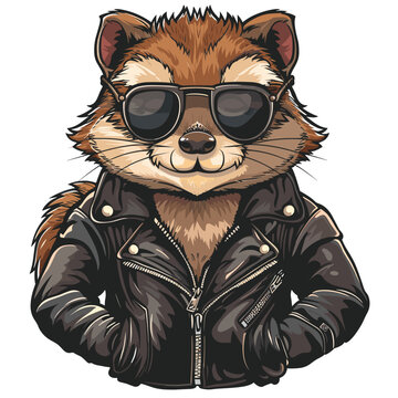 Vector illustration of a weasel in a leather jacket and sunglasses.