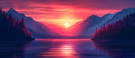 A minimalist vector illustration of a serene sunrise scene at a lake, capturing the tranquil beauty of nature in a simple and elegant design.