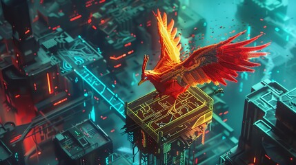 Craft a scene featuring a phoenix perched atop a levitating platform, with intricate voxel art details contrasting against a dark, cyberpunk background, using unexpected isometric camera angles - obrazy, fototapety, plakaty