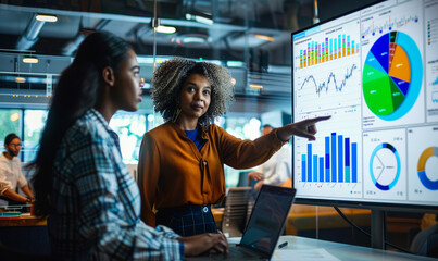 Business Partners Analyzing Financial Data, Diverse Women Strategizing over Charts and Graphs on TV in Office