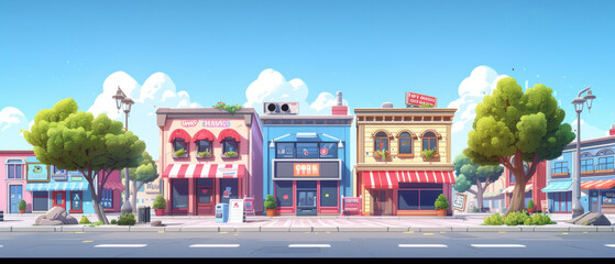 Fototapeta premium Vector illustration of a street with shop buildings in the background, conveying a sense of urban life and activity.