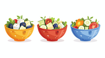 Vibrant Greek salad bowls filled with cheese olives 