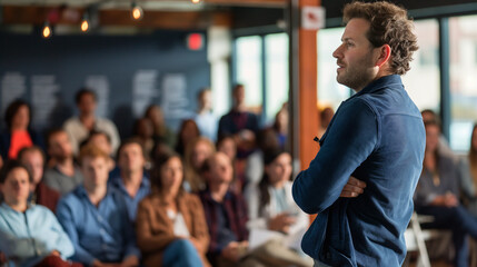 CEO announcing company-wide changes to employees in a town hall meeting, with CEO's confident expression and the engaged audience, representing clear communication and leadership visibility