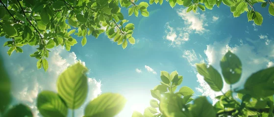 Foto op Aluminium A serene spring landscape featuring lush green foliage and a clear blue sky bathed in soft, gentle lighting. © ChubbyCat