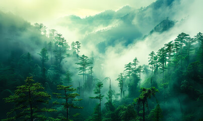 Serene Misty Forest Landscape - Tranquil Escape in Nature, Digital Detox, Foggy Woodland Scenery - obrazy, fototapety, plakaty