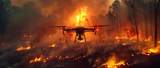 Drone Overseeing Wildfire - Aid in Crisis. Concept Wildfires, Drone Technology, Emergency Response, Crisis Management, Disaster Relief - obrazy, fototapety, plakaty