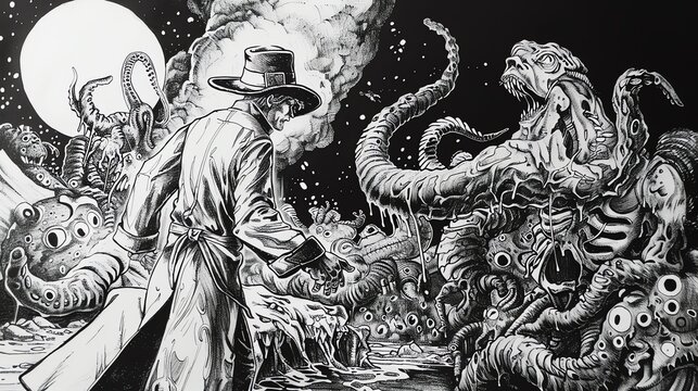 Design a pen and ink drawing of a chef in a trench coat exploring alien markets for exotic ingredients, blending sci-fi elements with film noir aesthetics