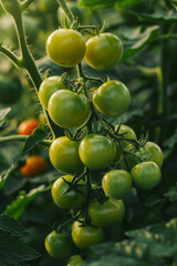 Closeup view of ripe and green tomatoes hanging on bushes