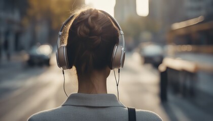 usiness woman listening to music with earphones while commuting in the morning. - obrazy, fototapety, plakaty
