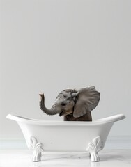 A photo of an elephant sitting in the bathtub, splashing water with its trunk. The background is a simple wall with white paneling. The overall mood is humorous and playful