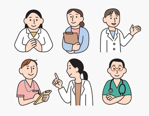 Fototapeta premium a drawing set of medical workers including doctors,nurse and other professionals. cartoon style vector illustration.