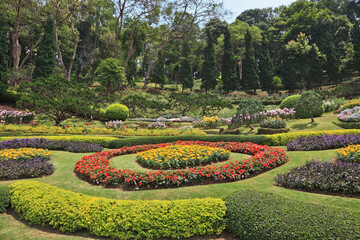Acacias and artly decorated flower beds