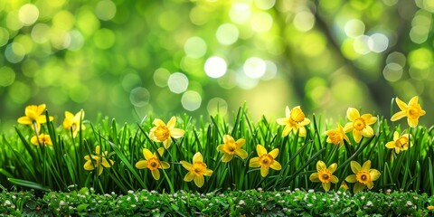 Vibrant daffodils thriving in a verdant meadow with soft bokeh background.