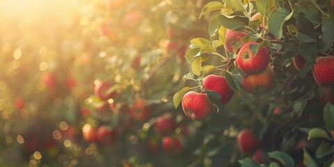 Sun-kissed ripe red apples on tree branches in an orchard during golden hour.