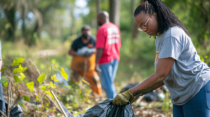 Individuals participating in a community cleanup or volunteer event, exemplifying accountability to contribute positively to the community and the environment