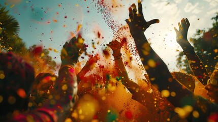 Friends splashing vibrant gulal powder in the air, creating a kaleidoscope of colors as they celebrate Holi.