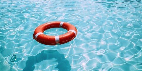 A bright red lifebuoy floats on the sparkling blue waters of a swimming pool on a sunny day. - obrazy, fototapety, plakaty