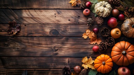 Top view of a wooden table with autumn decorations including pumpkins, apples, pine cones, and leaves.