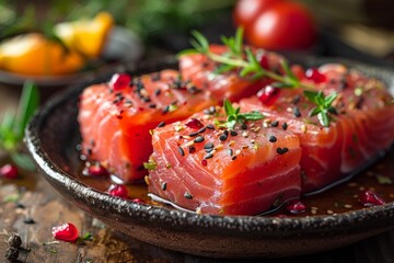 Tasty cubed tuna seasoned with herbs and spices on a rustic plate, an exquisite seafood delicacy...