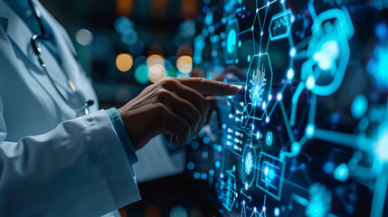 Close up a hand of doctor and Icon graphic Medical technology online health network concept.