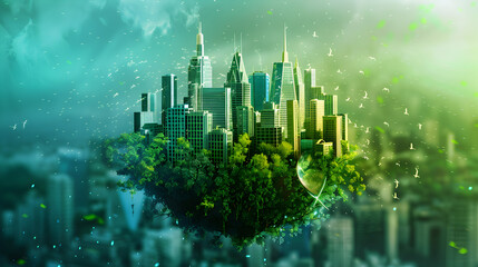 Fantasy illustration of a floating green city with lush trees and wind turbines

