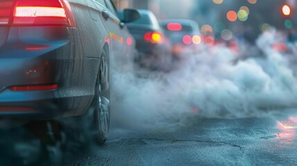 Car emitting exhaust fumes on a cold, busy city street at night.