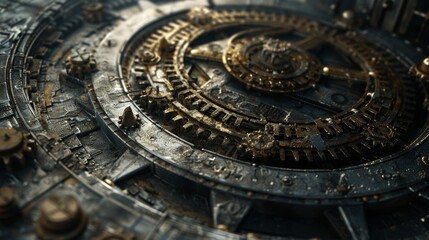 Obraz premium Detailed view of complex antique metal gears and cogs on a dark background, evoking a sense of time and history.