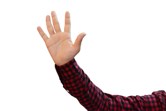 Man Waving Hand on the transparent background in red shirt with hand in air. Person showing or waving hand png