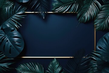 Navy Blue frame background, tropical leaves and plants around the navy blue rectangle in the middle of the photo with space for text