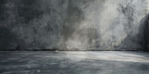 Grey textured concrete wall with tiled floor. A banner with copy space - obrazy, fototapety, plakaty