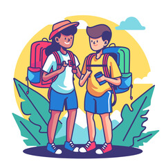 Boy and girl backpackers with backpacks. Vector illustration in flat style