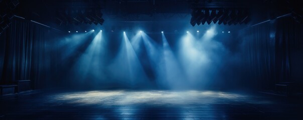 Navy Blue stage background, navy blue spotlight light effects, dark atmosphere, smoke and mist, simple stage background, stage lighting - obrazy, fototapety, plakaty