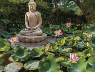 A statue of Buddha is sitting on a stone platform in front of a pond full of pink flowers