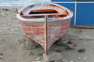 Small Wooden Dinghy Boat Repair at Beach in Egypt