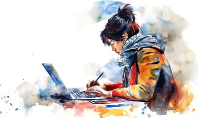 Fototapeta na wymiar Professional female young girl designer at work with his laptop or graphic tablet at his desk on white background artistic colorful watercolor painting for design courses or studying