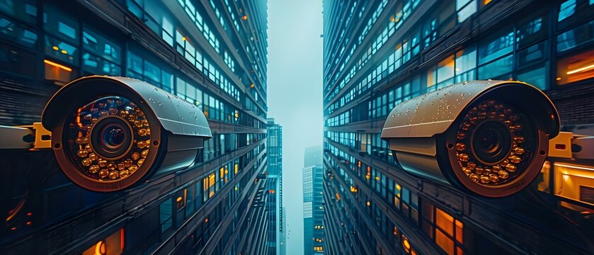 Urban Watch: CCTV Sentinel Gaze. Concept Surveillance, Privacy Concerns, Security Cameras, Technology, Urban Environment