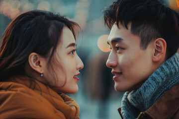 A Chinese couple looking at each other