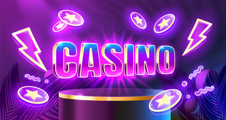 Casino label board, slot sign machine, night Vegas. Vector illustration