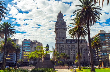 Urban landscape of the famous Independencia square, in the city center. Latin America, Uruguay, Montevideo