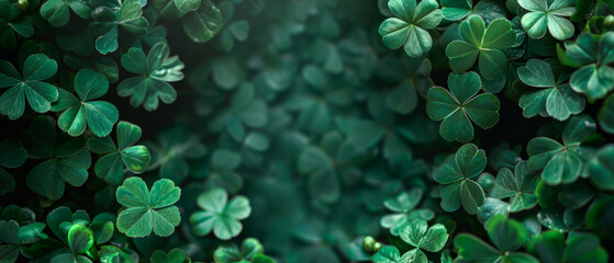 A festive St. Patrick's Day background featuring green clovers, perfect for celebrations, presentations, and promotions. - obrazy, fototapety, plakaty