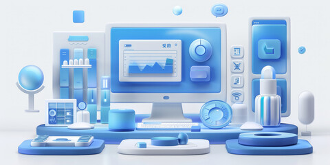 Enterprise management system icon, blue gradient theme, flat illustration style, 3D rendering