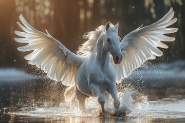 A magnificent white horse with expansive angelic wings splashes through water, creating a powerful and ethereal scene