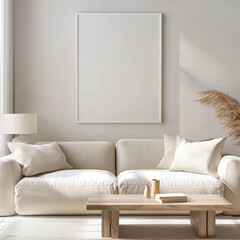 Elegant Beige Sofa, Textured Wall, Decorative Vase, Artistic White Frame with Copy Space, Frame...