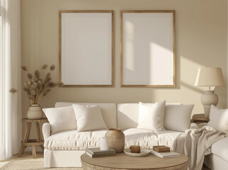 Warm Neutral Living Room, Elegant Comfort with Sunlit Wall Frames and Copy Space, Frame Mockup, Living Room Wall Art Mockup
