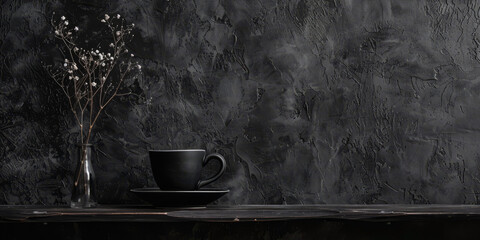 Minimalistic textured background with black coffee cup