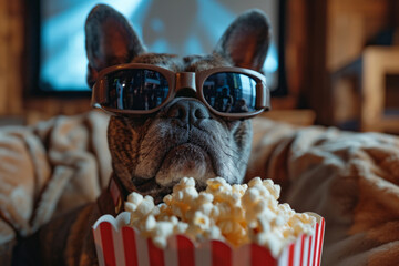 Funny dog watching a 3D movie in glasses and eating popcorn at the cinema, captured in the creative...