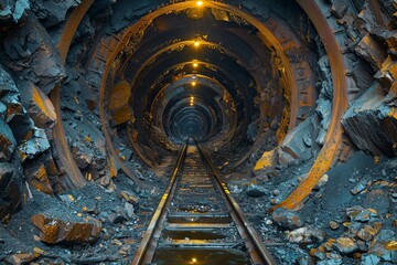 An intriguing view of a railway track passing through a rocky, round tunnel with light visible at...