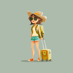 Cute cartoon tourist girl with a suitcase. Vector illustration in a flat style.