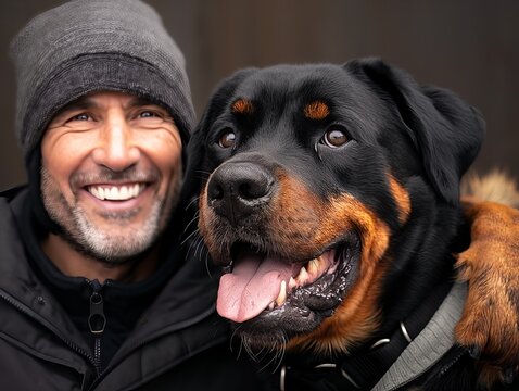 A man is smiling and hugging a black and brown dog. The dog has a tongue sticking out and is wagging its tail. The man and the dog seem to be enjoying each other's company